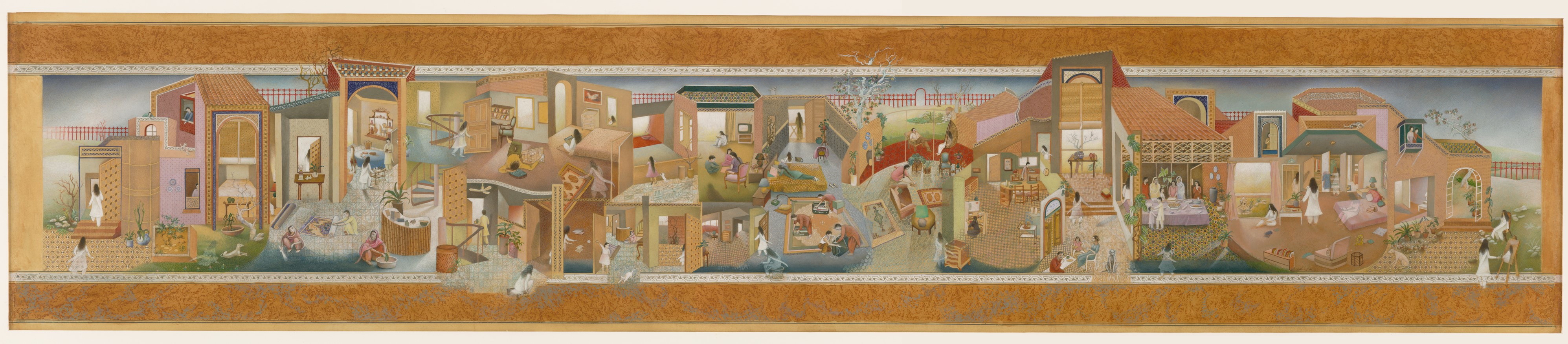 A long, rectangular painting featuring continuous scenes of a family inside fragmentary depictions of a house.