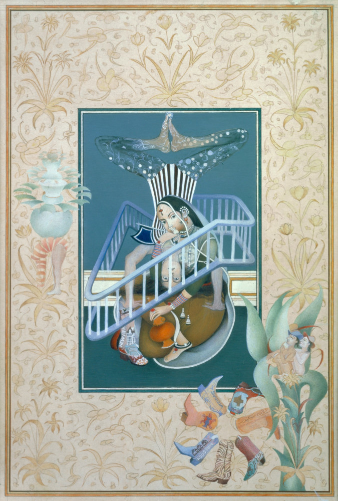 A painting depicting two overlapping figures, one sitting centrally and the other standing on her hands, surrounded by a metal railing. The painting is enclosed by a decorative border of flowers, figures, and a roundel of cowboy boots.