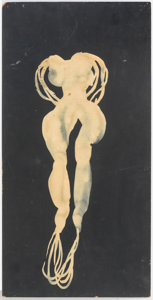 A floating feminine form without a head and connected tendrils in place of hands and feet against a painted black background.