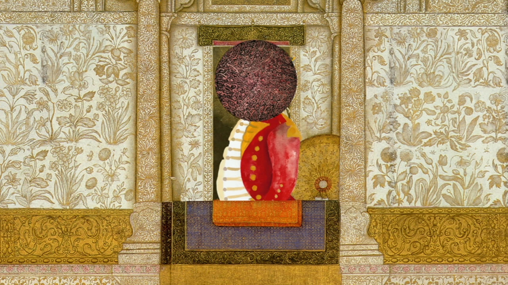 A still from an animated work of a soldier in a 19th century British colonial uniform, who stands in profile against the doorway of a building decorated with floral motifs.