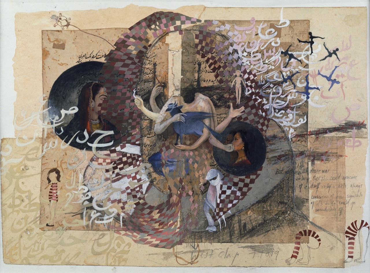 A headless figure with six arms stands in the center, holding a winged fantastical animal, and is surrounded by urdu letters, portraits of women, and drawings of childlike figures.