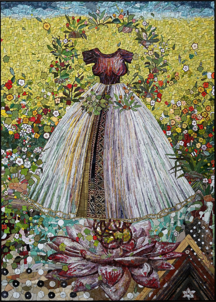A brightly colored mosaic of a dress hovering over a lotus blossom, surrounded by greenery and flowers.