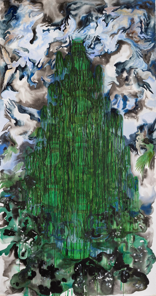 Valves, spools, and knobs are piled together and covered in green, dripping paint to resemble a Christmas tree, while winged blue and gray figures encircle the central tree.