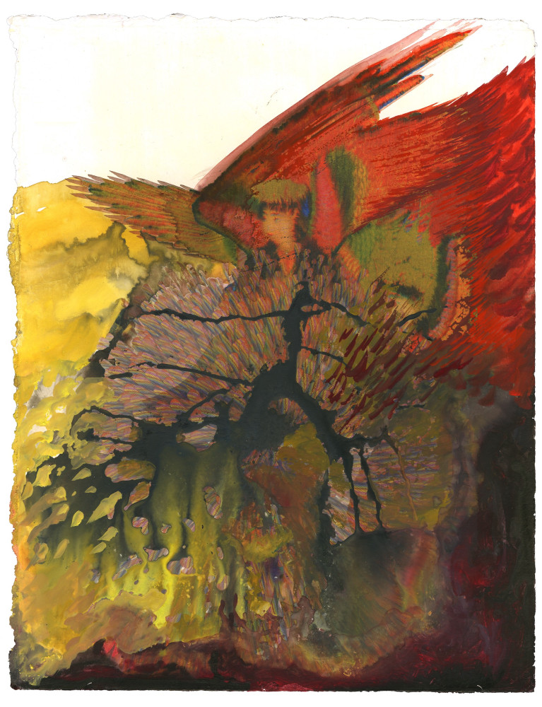 A hazy winged figure suspended between two washes of color, yellow and red, A dark green line runs from center to left.
