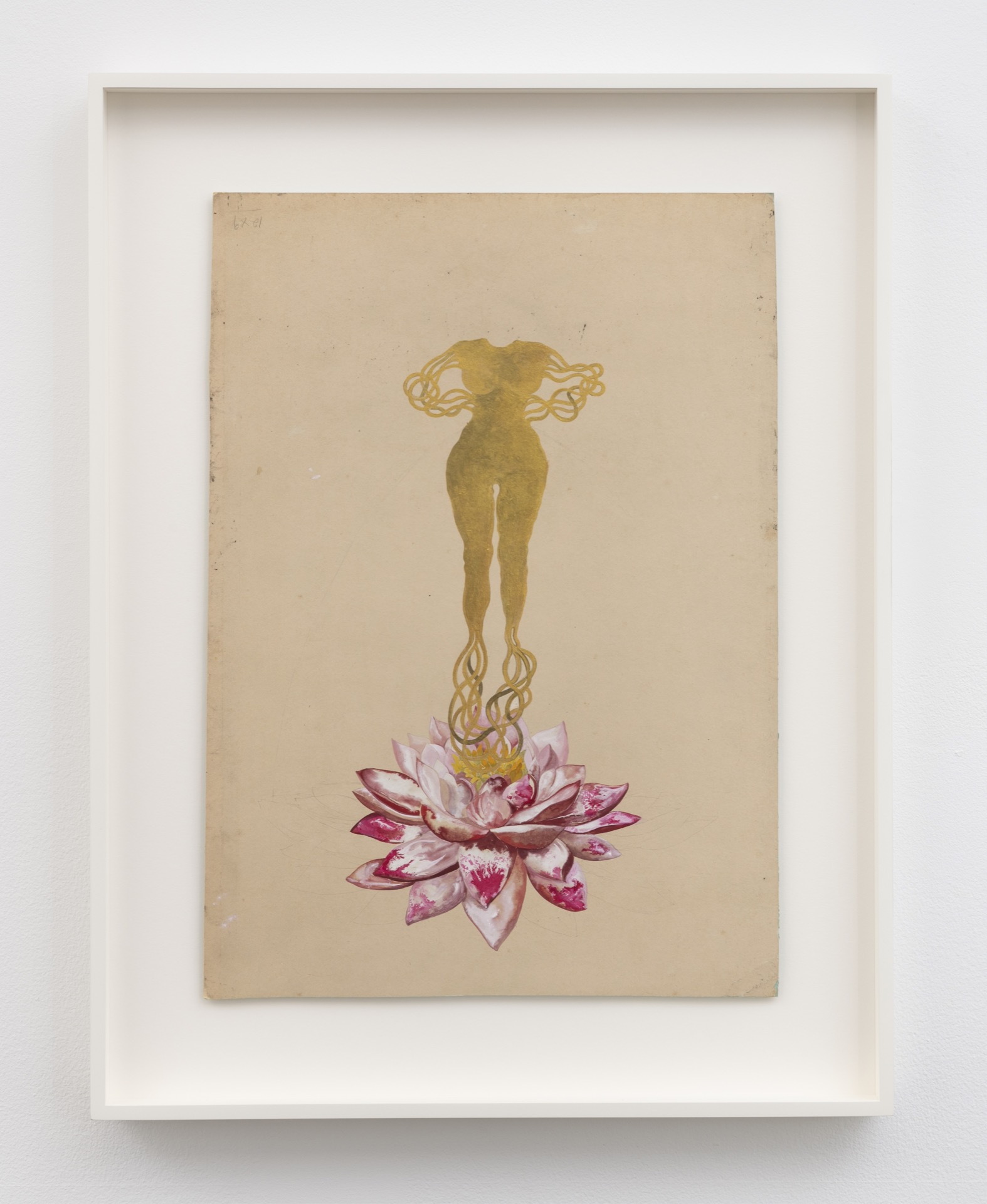 A gold, feminine figure without a head and connected tendrils in place of hands and feet emerging from a pink, blossoming lotus flower.